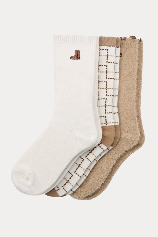 UGG Kadın Birbirinden Farklı Desenli Üçlü Paket Bej Çorap 1181414-CCBT