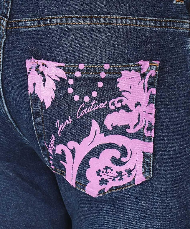 Versace Kadın Cep ve Paça Detaylı Desenli Lacivert Pantolon 73HAB5S5 DW042D08-904