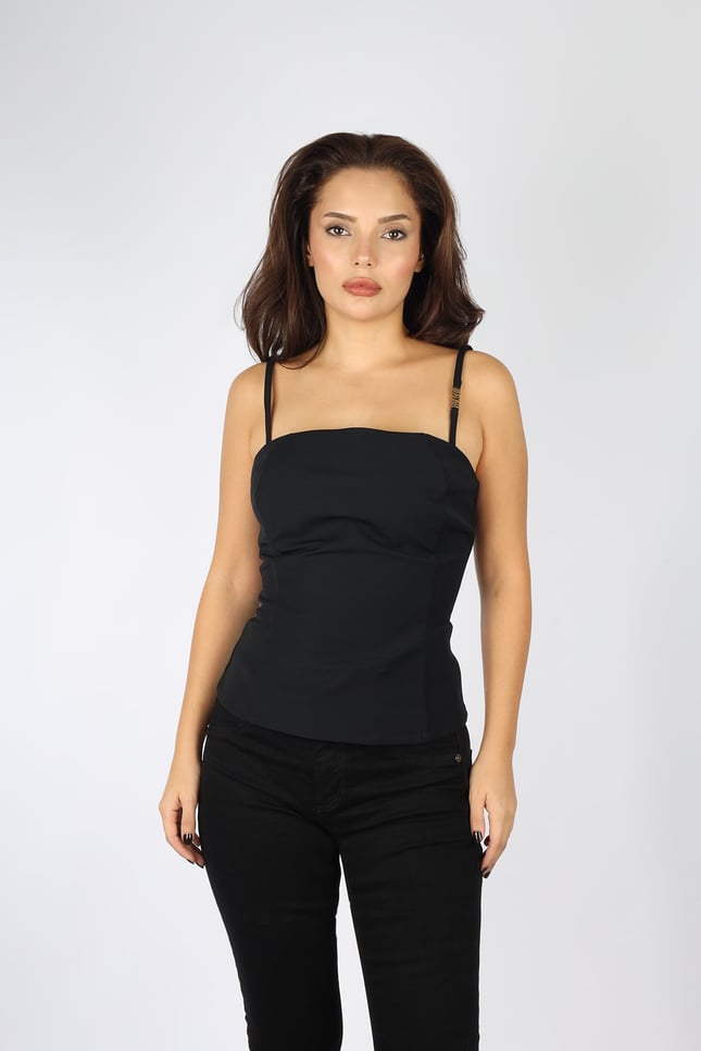 Versace Kadın Dokuma Kumaş İp Askılı Arkası Fermuar Kapamalı Dar Kalıp Siyah T-Shirt 78HAM224N0356-899
