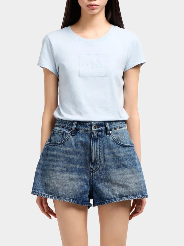 ARMANI EXCHANGE Armani Exchange Kadın Eskitme Desenli Yüksek Bel Pamuklu Denim Lacivert Şort XW000135 AF12845-MB001