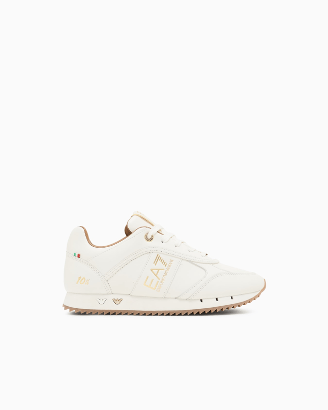 EA7 Ea7 Unısex Kartal Logo Desenli Ortopedik Tabanlı Deri Beyaz-Altın Sneaker 7X000648 AF15588-M0015