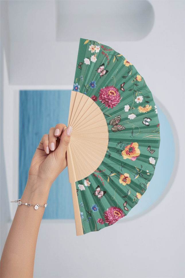 Bambu Yelpaze  Çiçek Desenli Katlanır El Yelpazesi Sakura Floral Hediyelik