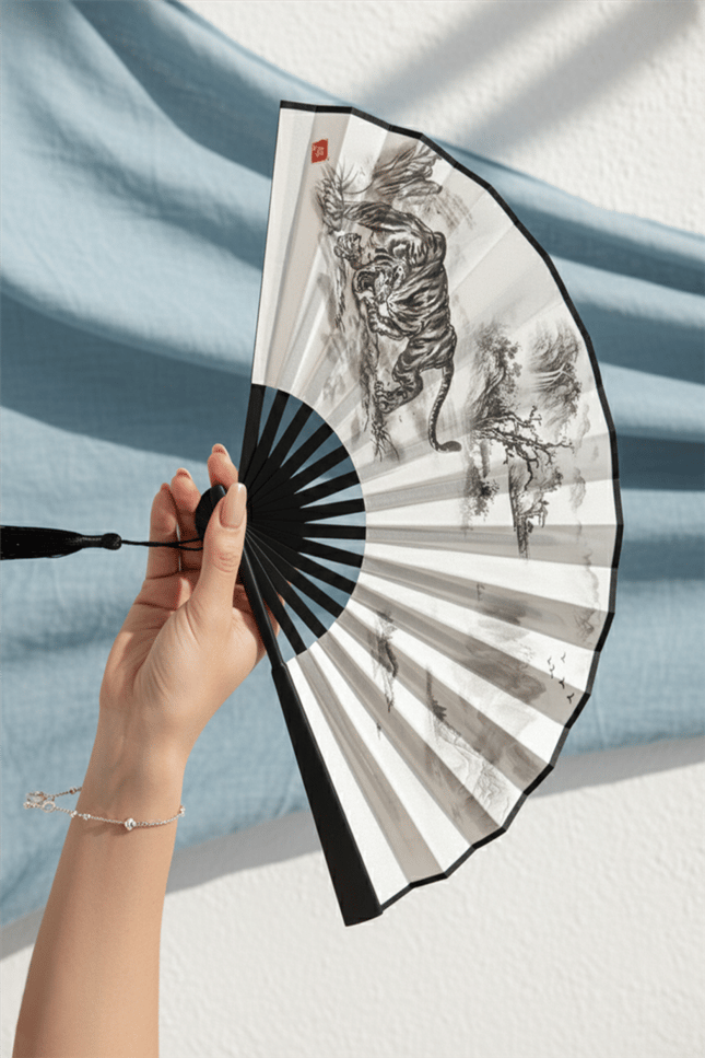 Bambu Yelpaze Kaplan Ejderha Desenli Katlanır El Yelpazesi Dragon Tiger Hediyelik