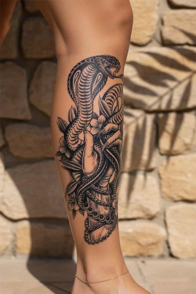 Ele Dolanmış Kobra, Tesbih ve Çiçek Detaylı Sanatsal Tattoo - Yarı Kalıcı / 1 Ay Kalıcı