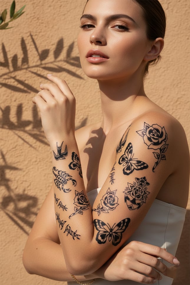 Geleneksel Patchwork Stil Gül, Kelebek ve Akrep Karma Tattoo Seti - Yarı Kalıcı / 1 Ay Kalıcı