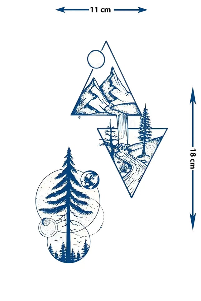 Geometrik Dağ ve Çam Ormanı Dövme - Yarı Kalıcı / 1 Ay Kalıcı Tattoo