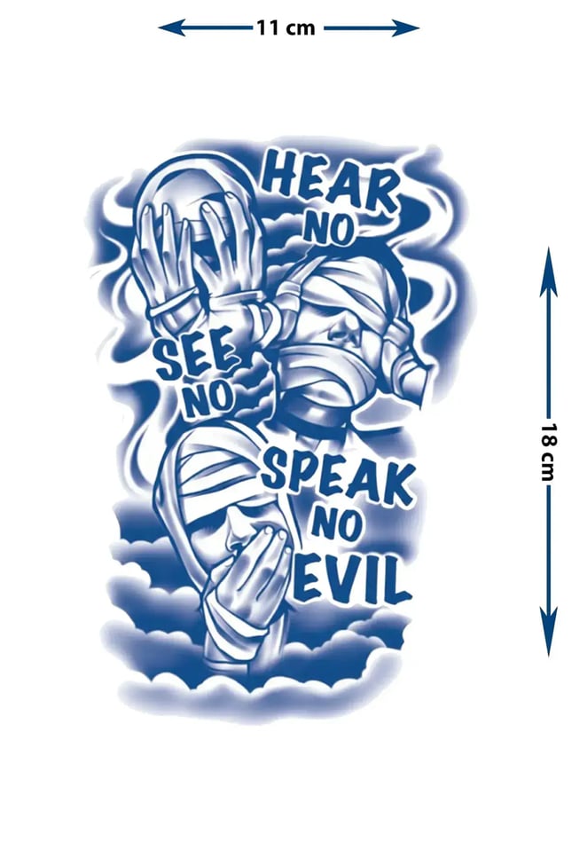 Hear No See No Speak No Evil Tasarımlı Yarı Kalıcı Dövme | 1 Ay Kalıcı Göğüs Dövmesi