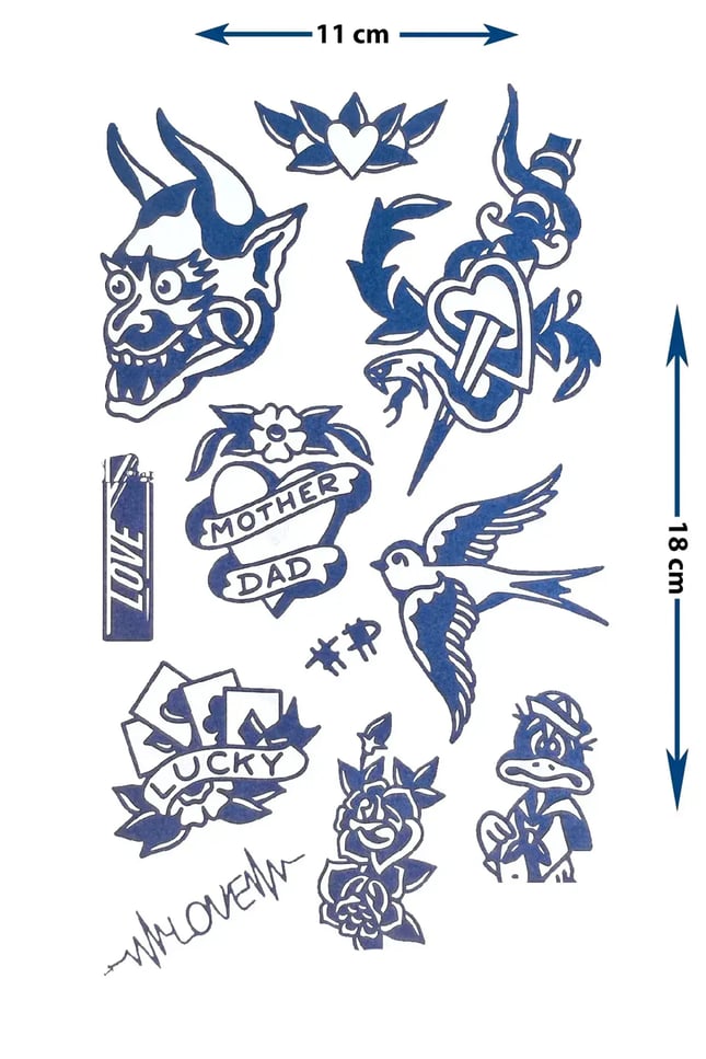 Retro Patchwork Stil İkonik Figürler ve Anlamlı Yazılı Karma Tattoo Seti - Yarı Kalıcı / 1 Ay Kalıcı