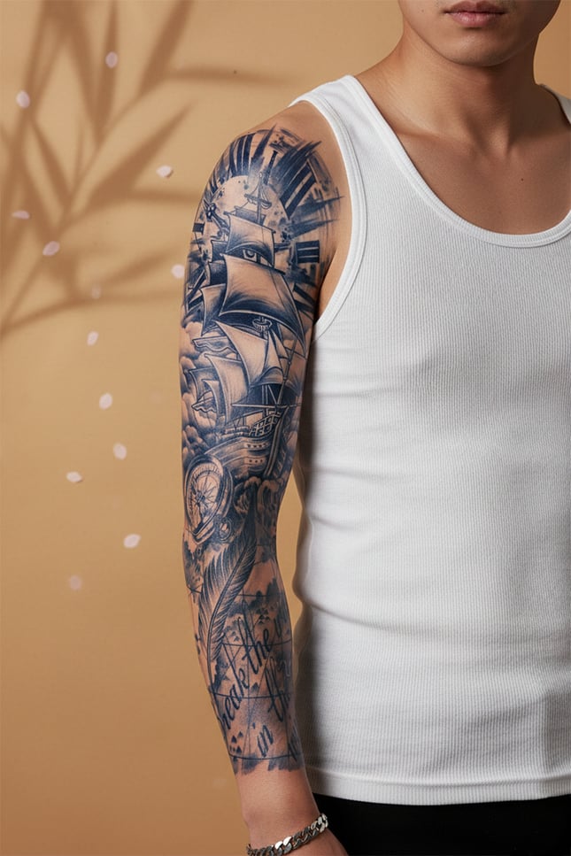 Yelkenli Gemi, Pusula ve Harita Motifli Tam Kol Kaplama Tattoo - Yarı Kalıcı / 1 Ay Kalıcı