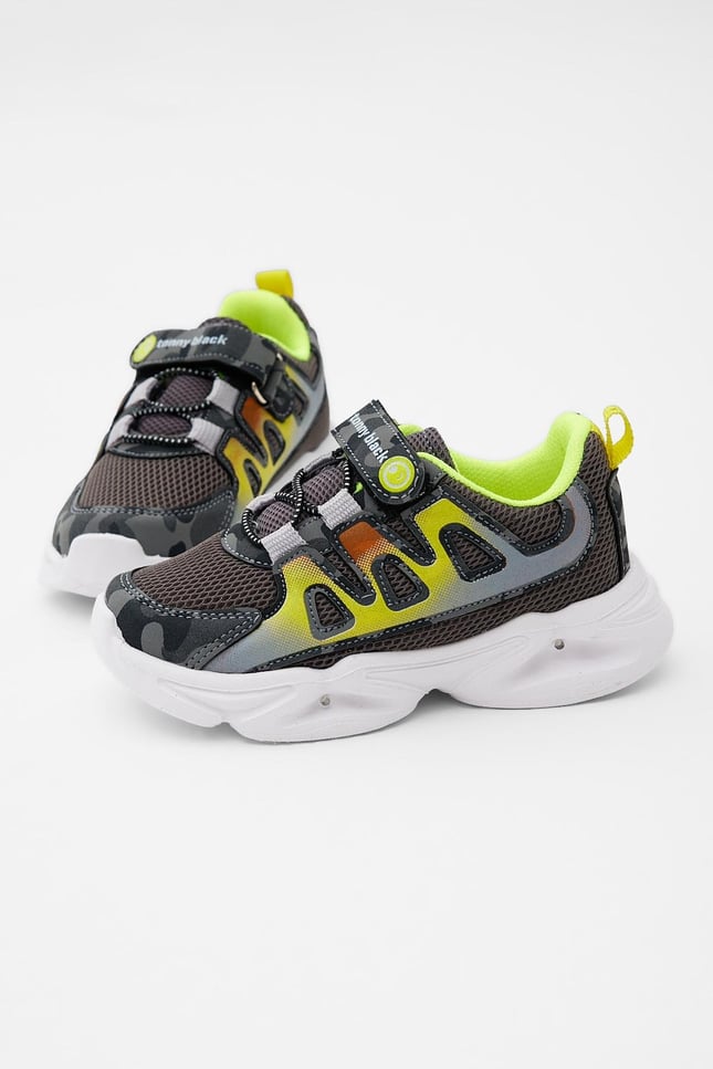 Rahat Kalıp Işıklı Cırtlı Çocuk Unisex Füme Kamuflaj Spor Ayakkabı TBKMN5026