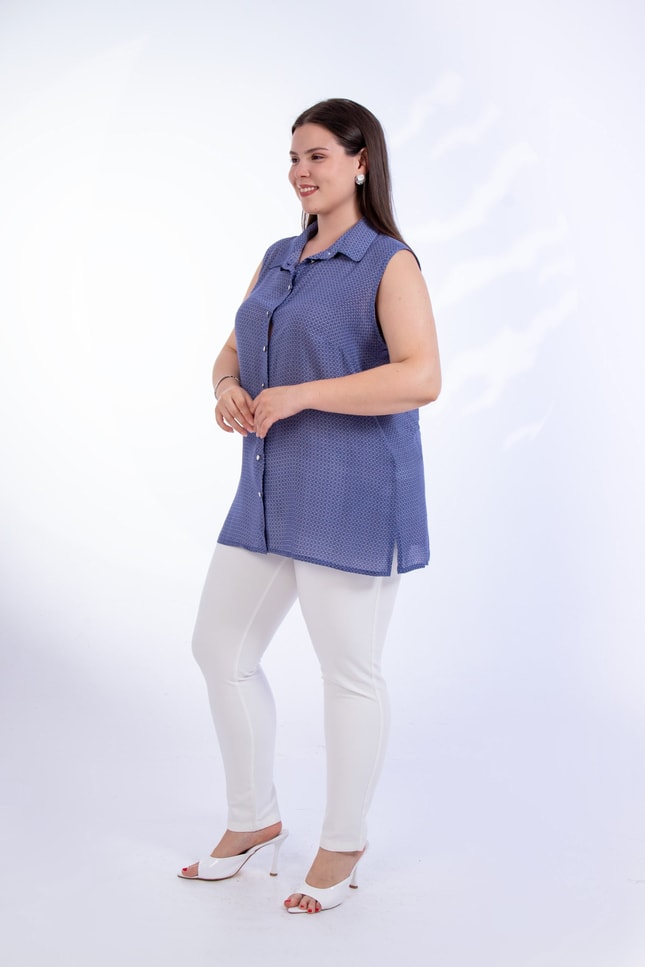 Büyük Beden 1110531 Desenli Kolsuz Bluz Indigo