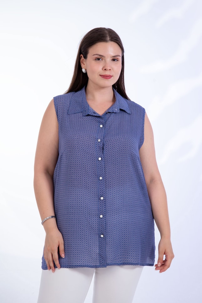 Büyük Beden 1110531 Desenli Kolsuz Bluz Indigo