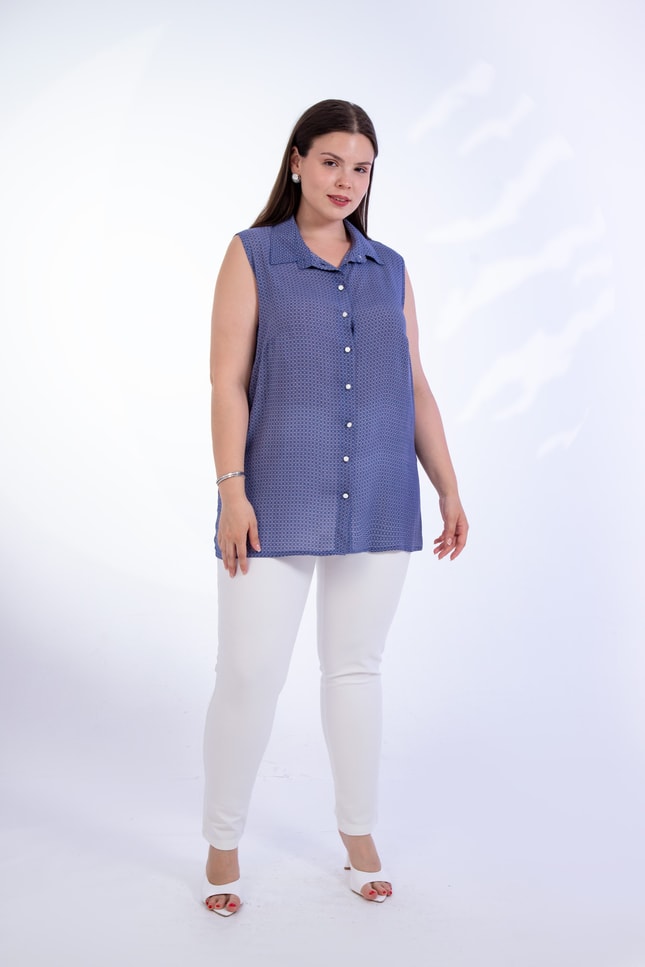 Büyük Beden 1110531 Desenli Kolsuz Bluz Indigo