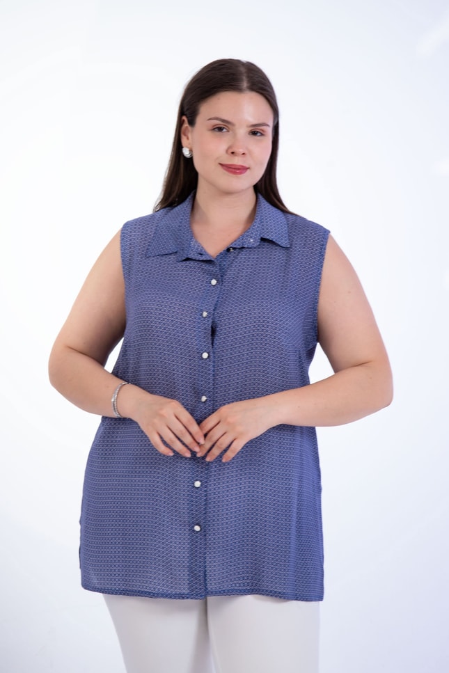 Büyük Beden 1110531 Desenli Kolsuz Bluz Indigo