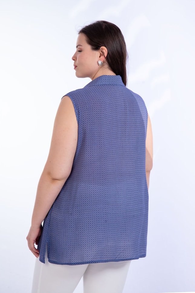 Büyük Beden 1110531 Desenli Kolsuz Bluz Indigo