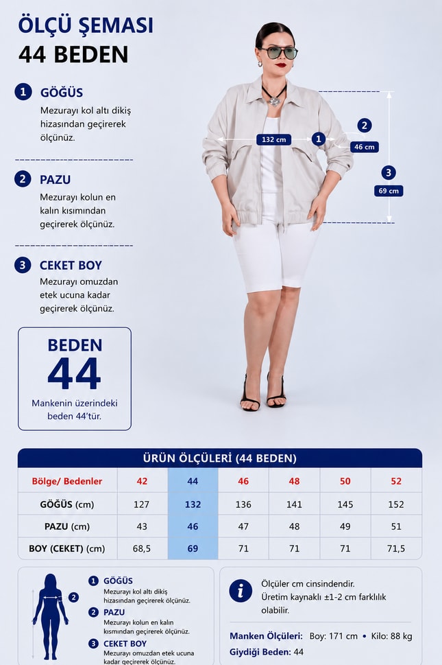 Büyük Beden 111263035 Fermuarlı Cep Detaylı Ceket Bej