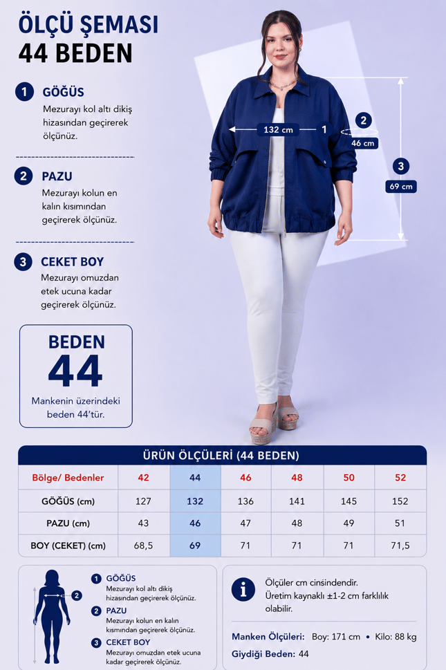 Büyük Beden 111263035 Fermuarlı Cep Detaylı Ceket Lacivert