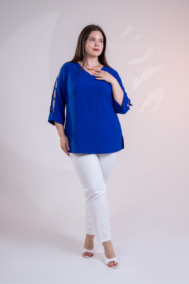 Büyük Beden 1113053 V Yaka Kol Detaylı Bluz  Saks
