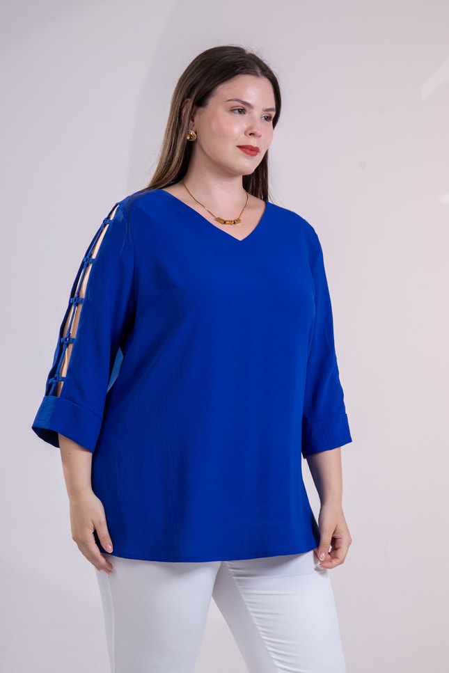 Büyük Beden 1113053 V Yaka Kol Detaylı Bluz  Saks