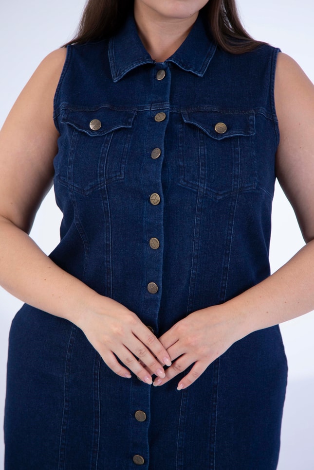 Büyük Beden 1113058 Kolsuz Düğmeli Denim Elbise  Lacivert