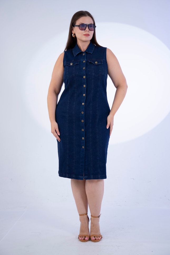 Büyük Beden 1113058 Kolsuz Düğmeli Denim Elbise  Lacivert