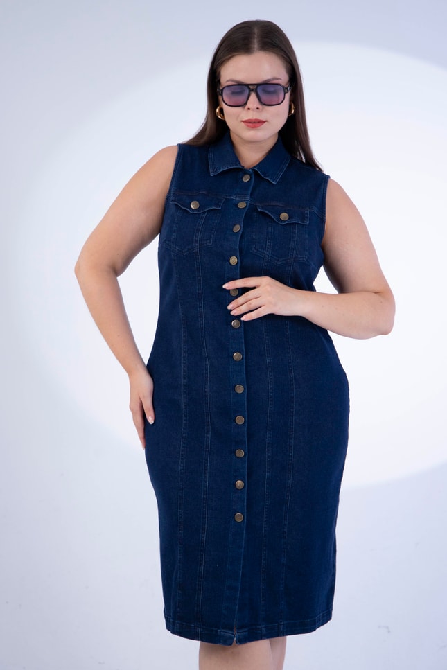 Büyük Beden 1113058 Kolsuz Düğmeli Denim Elbise  Lacivert