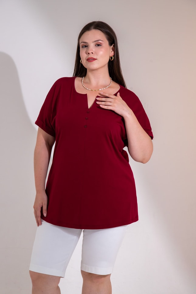 Büyük Beden 1113080 Yaka Düğme Detaylı Bluz  Bordo