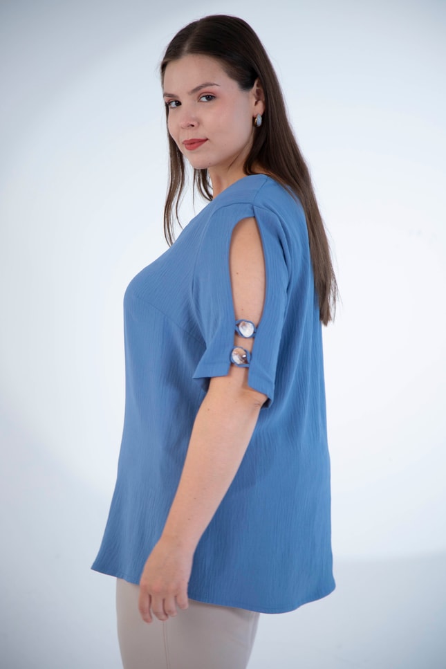 Büyük Beden 1113089 Kol Düğme Detaylı Bluz  İndigo