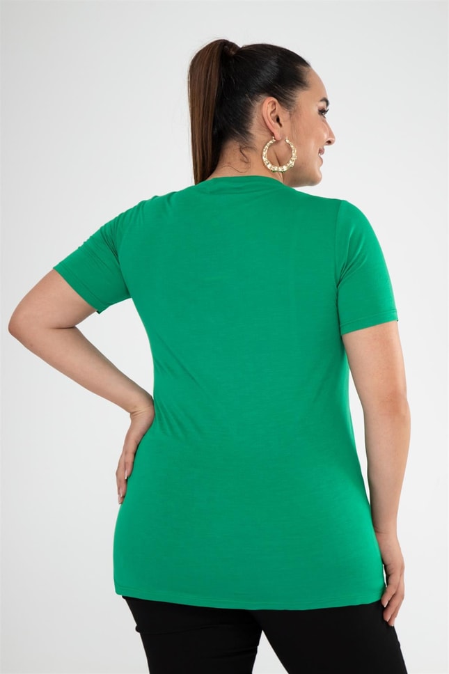 Büyük Beden 112074 Bisiklet Yaka Basic Bluz  Yeşil