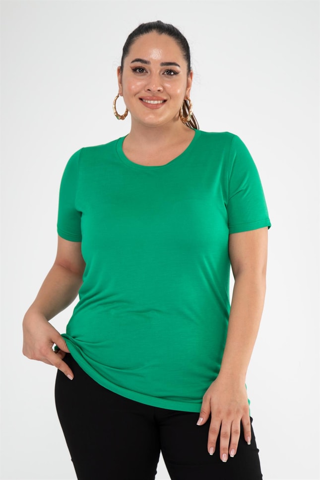 Büyük Beden 112074 Bisiklet Yaka Basic Bluz  Yeşil