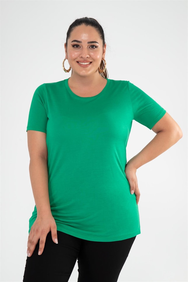 Büyük Beden 112074 Bisiklet Yaka Basic Bluz  Yeşil