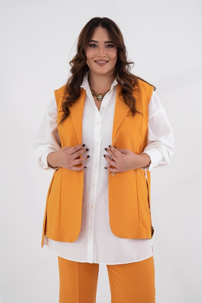 Büyük Beden 112123 Yelekli Takım  Hardal