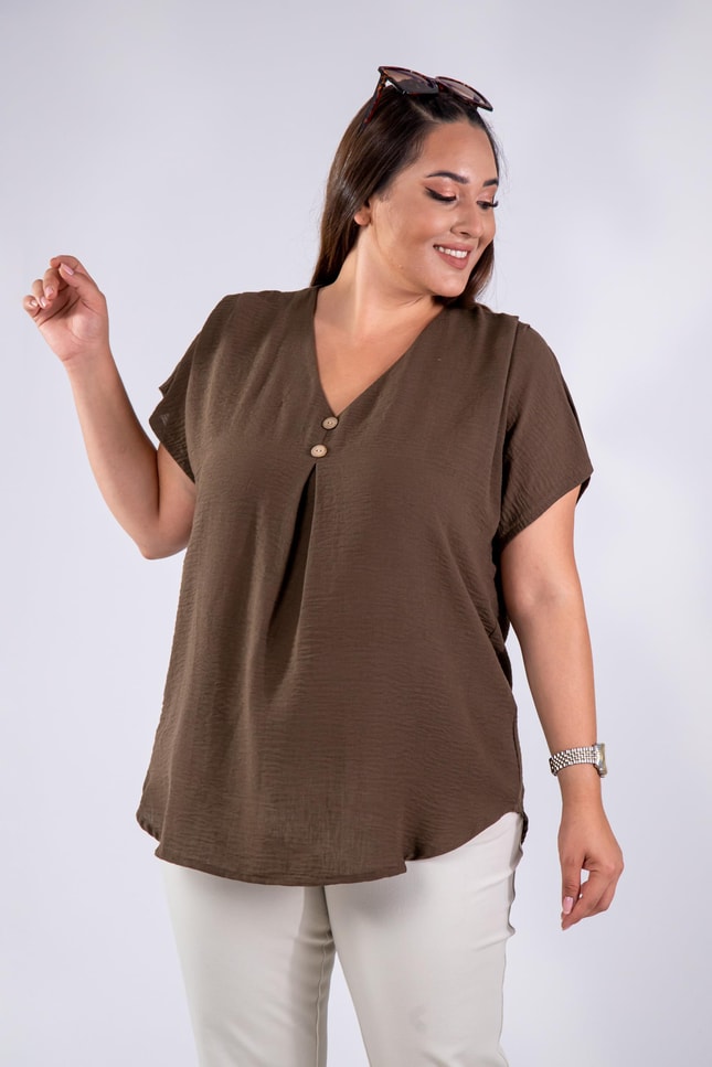 Büyük Beden 112145 Yaka Düğmeli Keten Bluz  Kahverengi