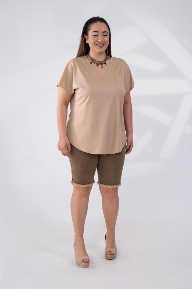 Büyük Beden 1122457 Beria V Yaka Bluz  Bej