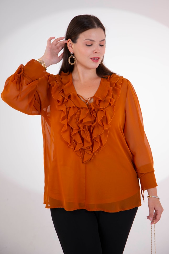 Büyük Beden 1122517 Yaka Volanlı Şifon Bluz Camel