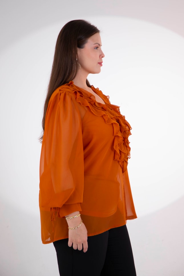 Büyük Beden 1122517 Yaka Volanlı Şifon Bluz Camel