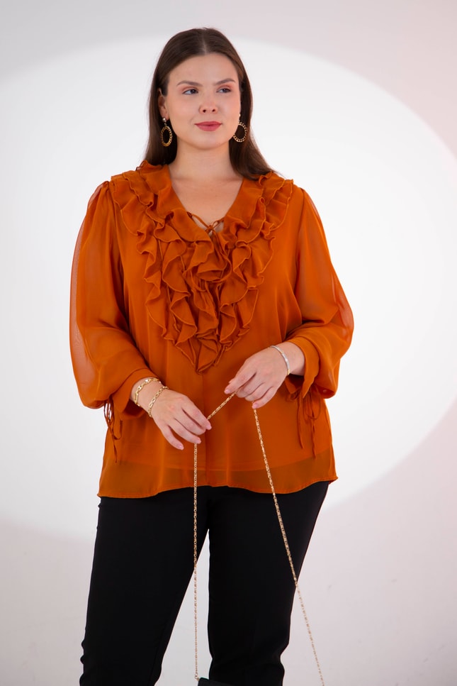 Büyük Beden 1122517 Yaka Volanlı Şifon Bluz Camel