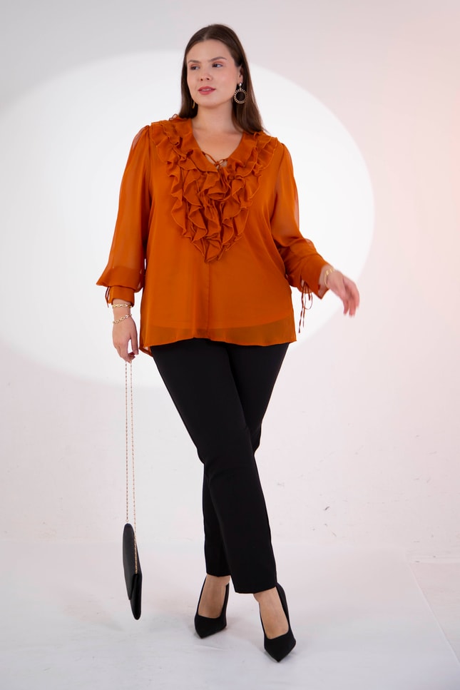 Büyük Beden 1122517 Yaka Volanlı Şifon Bluz Camel