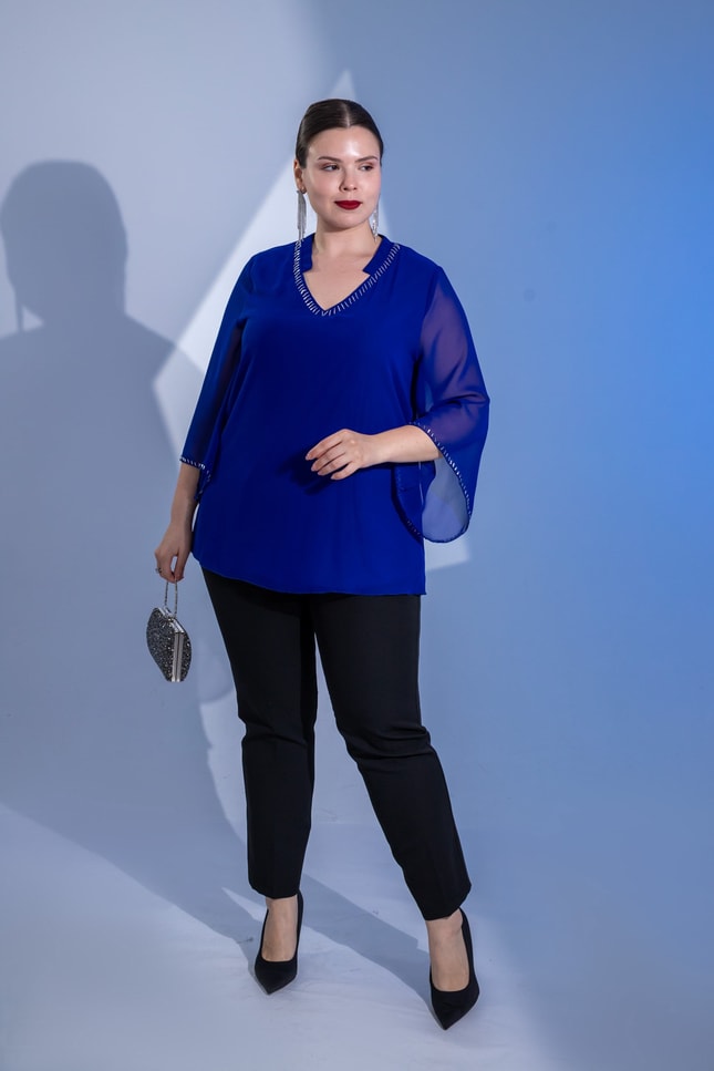 Büyük Beden 1122646 Boncuk İşlemeli Şifon Bluz Saks