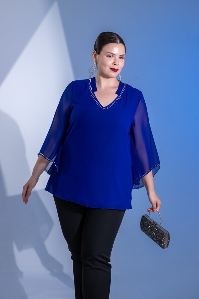 Büyük Beden 1122646 Boncuk İşlemeli Şifon Bluz Saks