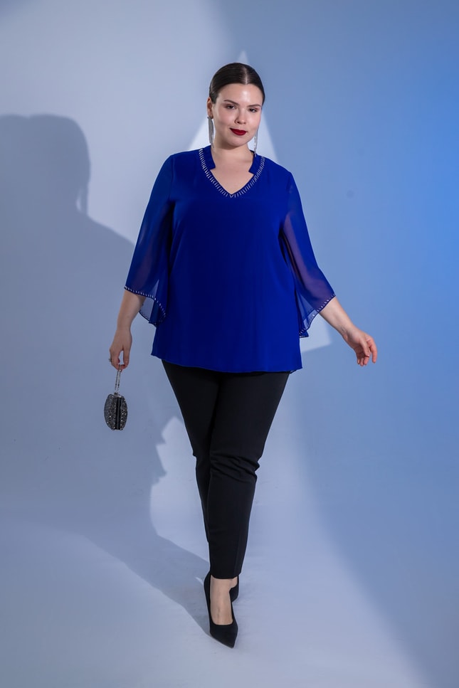 Büyük Beden 1122646 Boncuk İşlemeli Şifon Bluz Saks