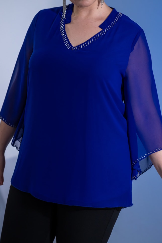 Büyük Beden 1122646 Boncuk İşlemeli Şifon Bluz Saks