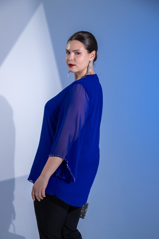 Büyük Beden 1122646 Boncuk İşlemeli Şifon Bluz Saks
