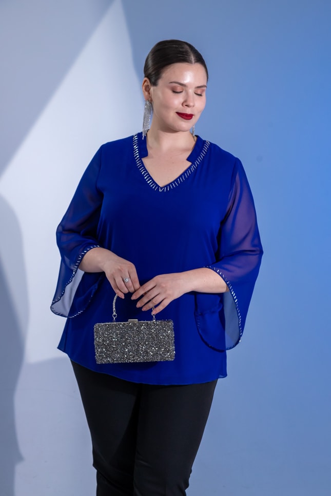 Büyük Beden 1122646 Boncuk İşlemeli Şifon Bluz Saks