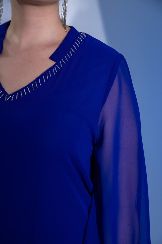 Büyük Beden 1122646 Boncuk İşlemeli Şifon Bluz Saks