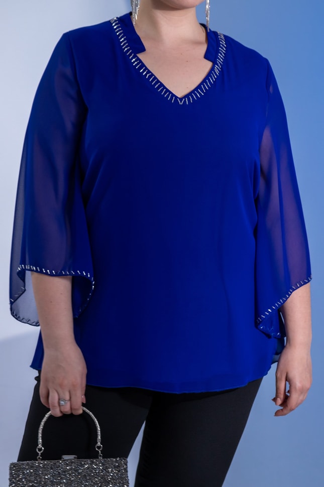 Büyük Beden 1122646 Boncuk İşlemeli Şifon Bluz Saks