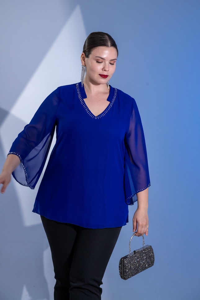 Büyük Beden 1122646 Boncuk İşlemeli Şifon Bluz Saks