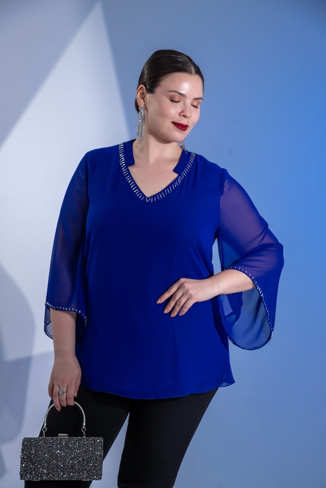 Büyük Beden 1122646 Boncuk İşlemeli Şifon Bluz Saks