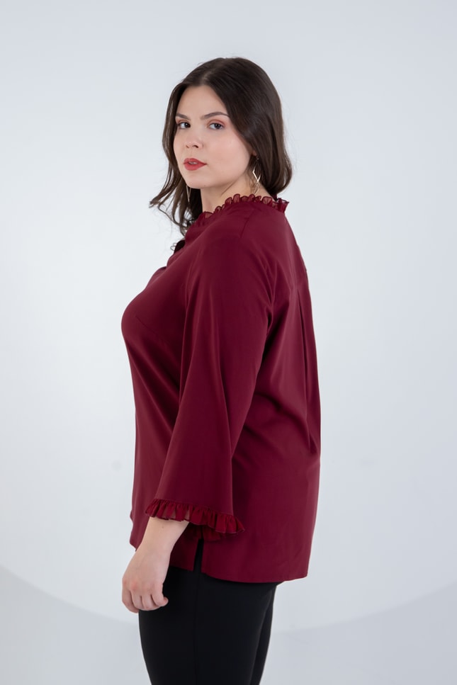 Büyük Beden 121041 V Yaka Fırfırlı Bluz Bordo