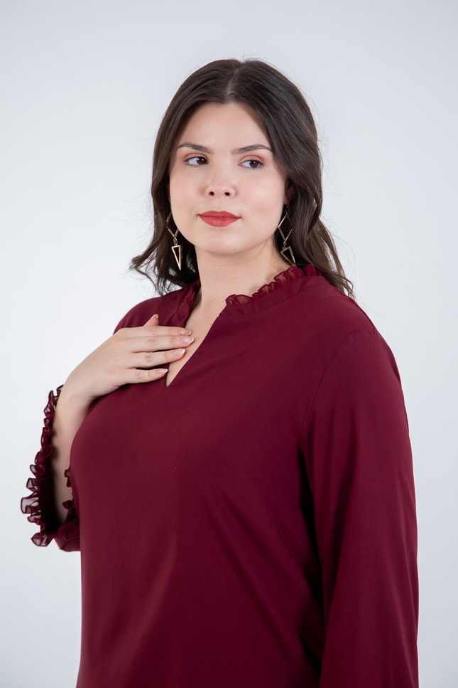 Büyük Beden 121041 V Yaka Fırfırlı Bluz Bordo